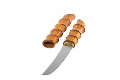 нож «Танто Сагано» сталь D2 - рукоять резная карельская береза - подставка